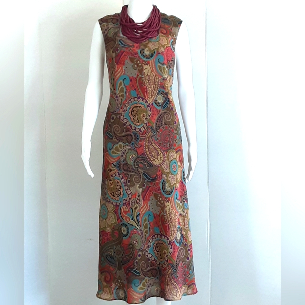 DAVID WARREN Slinky Paisley Square Neck Sleevelee Maxi Shift Dress Sz 12 - Vtg